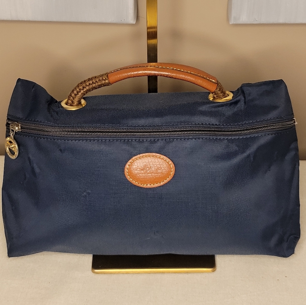 Longchamp Navy Blue Pliage Leather-Trimmed Hand Bag With Rope Strap
